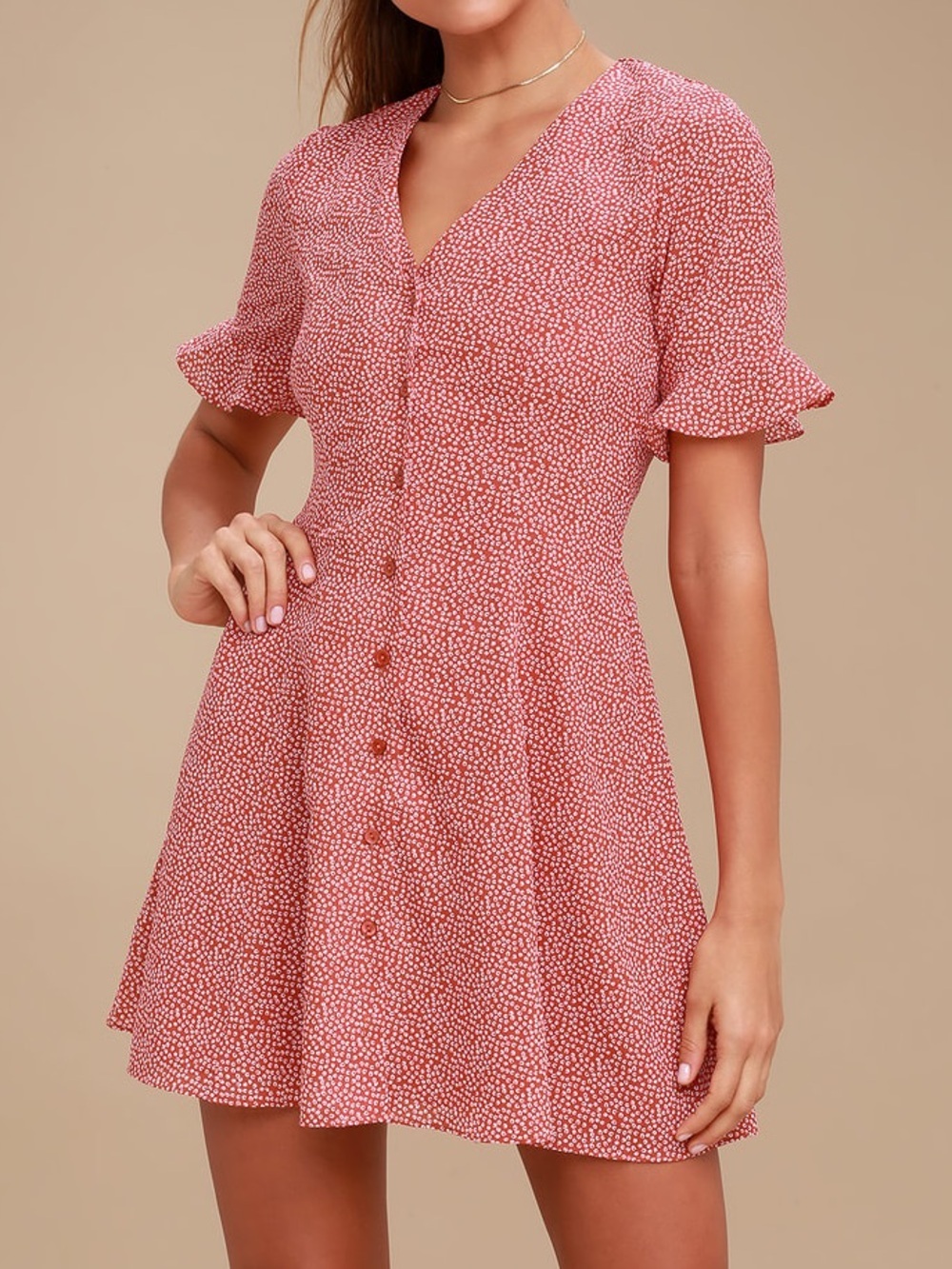Lulus Castana Rust Red Ditsy Print Button Front Mini Dress Tie Waist Size Small